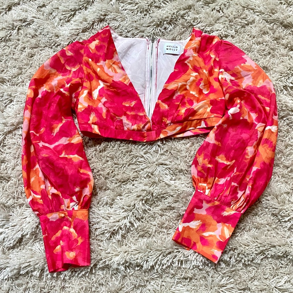 HELLO MOLLY Long Sleeve pink Floral V Neck Crop Top small